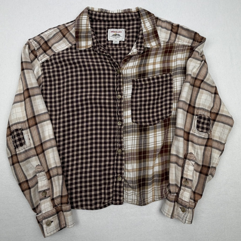 American Eagle Brown Plaid Patchwork Cropped Flannel Button Down Shirt Mens M